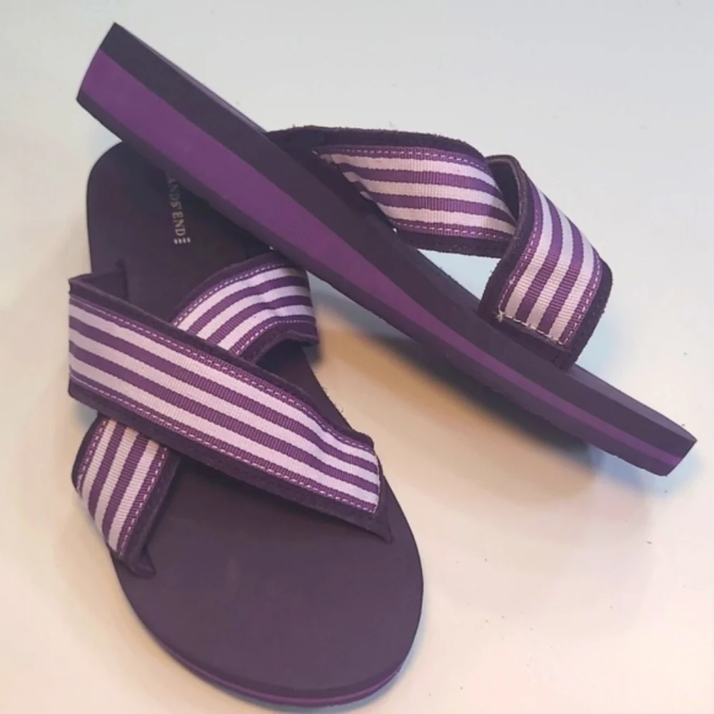 Lands' End Criss-Cross Slip-on Sandal Foam Sole Striped Strappy Beachy Slides
